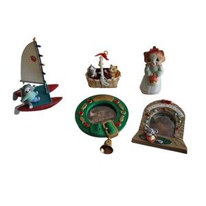 Lot Of 5 Hallmark Cat Kitty Feline Ornaments Picture Frame Sail Boat Basket